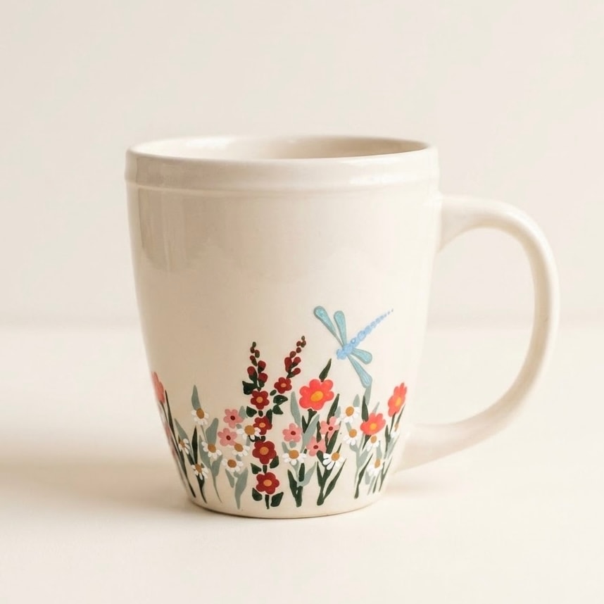 White mug with floral and dragonfly design