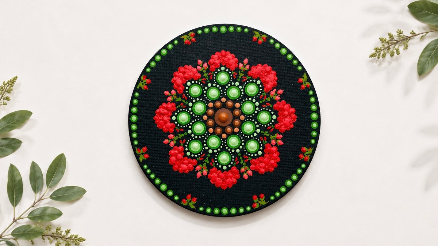 Red floral mandala dot painting on black canvas